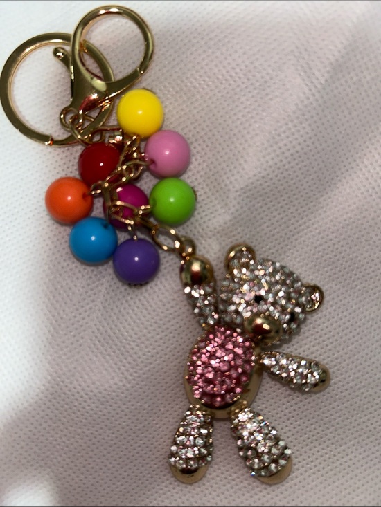 The Unbranded Brand Accessories - Crystal Teddy Bear Keychain with Multicolor Balloons Charms - Pink Accent